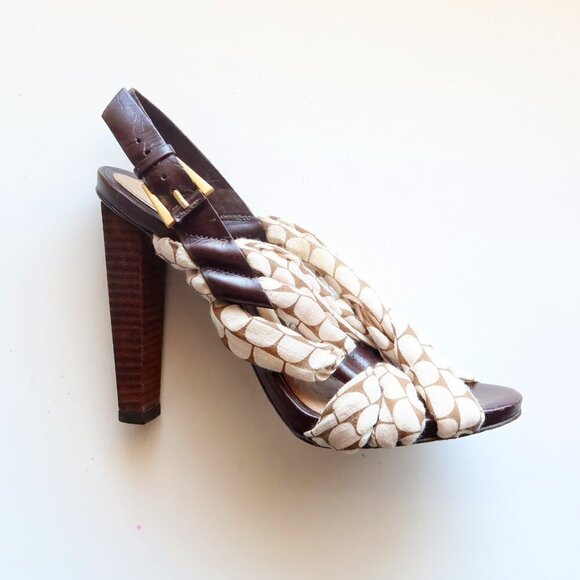 LAMB Brown Leather & Cream Canvas Sling-back Open Toe Sandals / Heels / Shoes 7. - Picture 4 of 14